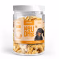 Frasco com tampa de snacks liofilizados de camarão natural Kaudas de 50g para cães.