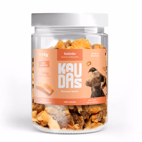 Frasco de snacks liofilizados de filete de salmão natural Kaudas de 110g para cães.