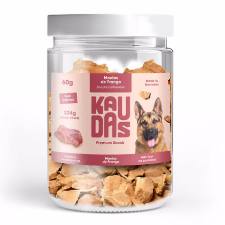 Frasco de snacks liofilizados de moelas de frango natural Kaudas de 60g para cães.